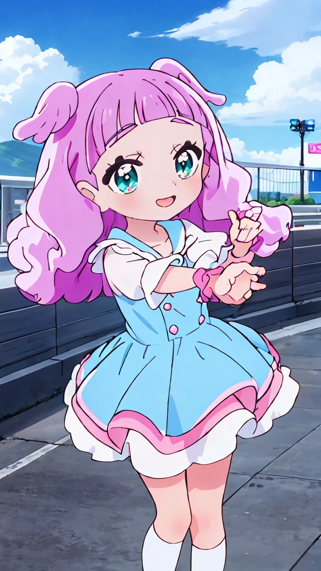 (8k、Ultra-high resolution、Highest quality、Ultra-high resolution、Official Art:1.5,Official Art),(Watching the audience), alone, smile, ((Pink Knee Socks)),(standing/Are standing in honor),Beautiful Hair, Beautiful Face, Beautiful and beautiful eyes, Beautiful clavicle, Beautiful body, Beautiful legs, Beautiful fingers, 
(Beautiful views),smile),((front:1.5)), Bangs straight,blue sky,El-chan (Hirogaru Sky! Precure),(((Cute official uniform))),low length,