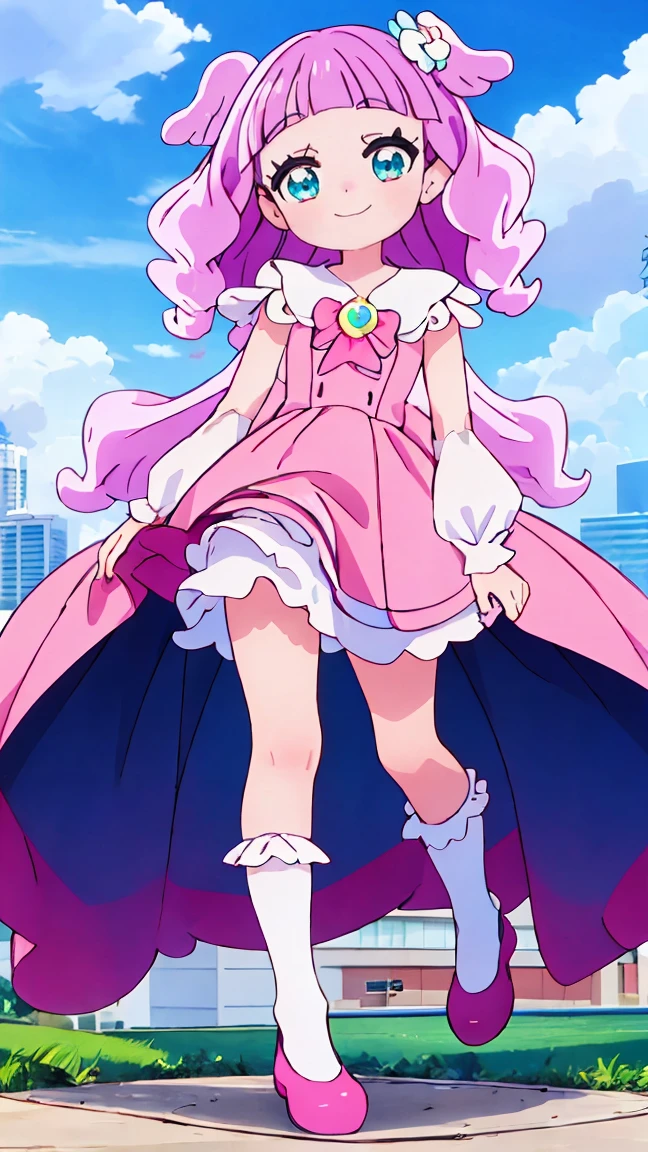 (8k、Ultra-high resolution、Highest quality、Ultra-high resolution、Official Art:1.5,Official Art),(Watching the audience), alone, smile, ((Pink Knee Socks)),(standing/Are standing in honor),Beautiful Hair, Beautiful Face, Beautiful and beautiful eyes, Beautiful clavicle, Beautiful body, Beautiful legs, Beautiful fingers, 
(Beautiful views),smile),((front:1.5)), Bangs straight,blue sky,El-chan (Hirogaru Sky! Precure),(((Cute official uniform))),low length,