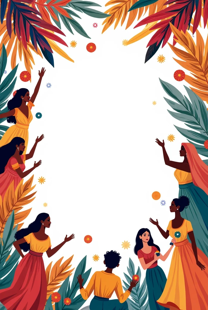 Create an invitation card empty from the centre should hace space for content. It is for cultural fiesta so it should have dance of africa, indonesia, russia, India and people singing. Leave more space in centre and people of the countries should be at differnt areas some on top some on side some on corner singing