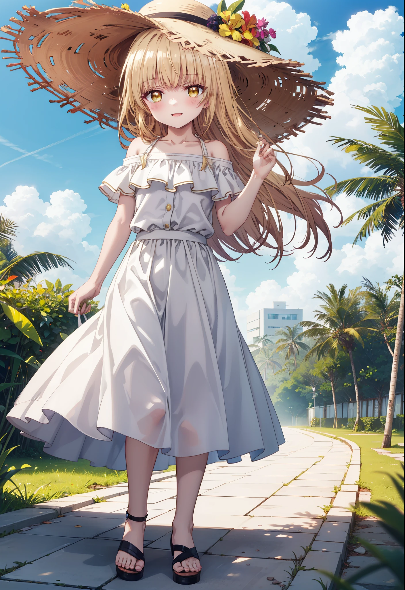 mahirushiina, mahiru shiina, Long Hair, bangs, Blonde, Brown Hair, (Yellow Eyes:1.3),happy smile, smile, Open your mouth,blush, Straw hat,smile,Cold Shoulder Shirt,Short sleeve,Long skirt,Cute heeled sandals,True Summer,Clear skies,Daytime,Palm tree,Hair is fluttering in the wind,whole bodyがイラストに入るように,
break outdoors, tropical,In town,Coastal Road,
break looking at viewer, whole body,
break (masterpiece:1.2), Highest quality, High resolution, unity 8k wallpaper, (figure:0.8), (Beautiful attention to detail:1.6), Highly detailed face, Perfect lighting, Highly detailed CG, (Perfect hands, Perfect Anatomy),