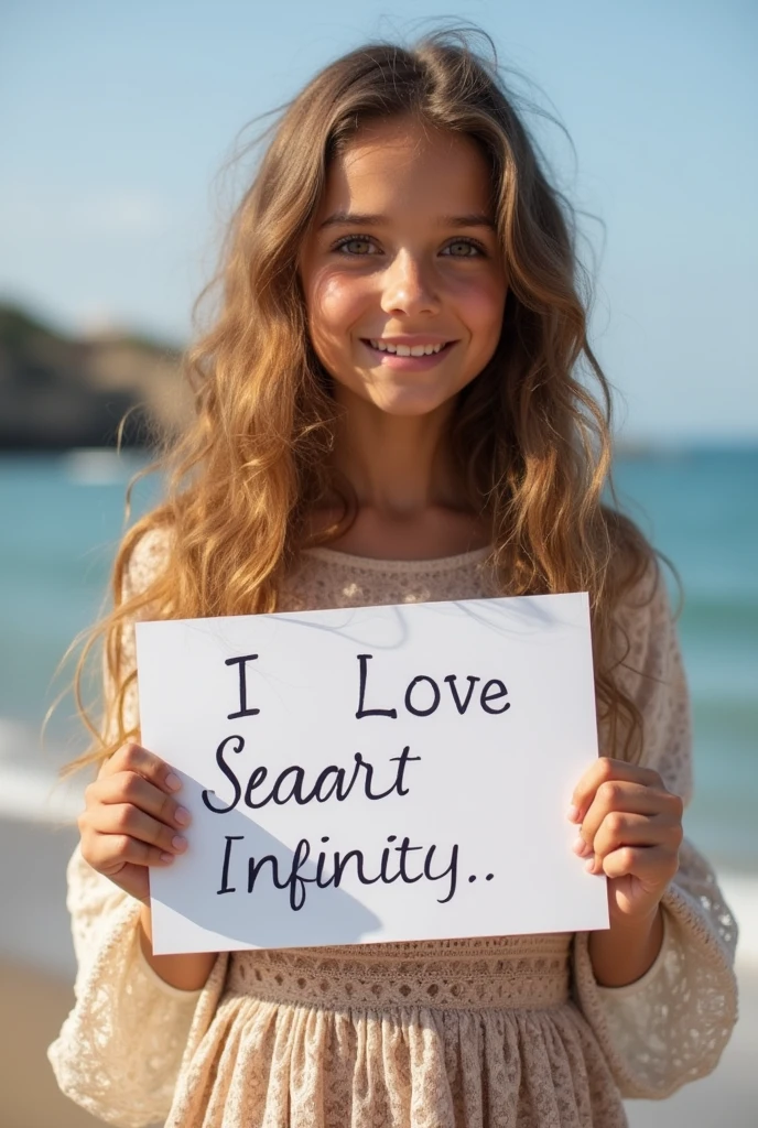 Beautiful girl with wavy long hair, bohemian dress, holding a white board with text "I Love Seaart Infinity" and showing it to the viewer