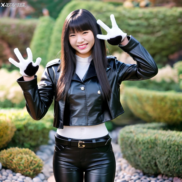 Asian Girls, Black Leather Pants, Leather Jacket with Shirt, Long Hair with bangs, Zen Garden, with leather Gloves, with Satin Cloak, Asian, Smile, Friendly, Happy, Full Body 4k.