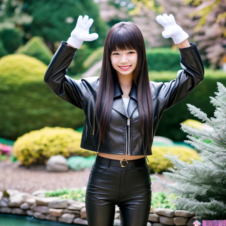 Asian Girls, Black Leather Pants, Leather Jacket with Shirt, Long Hair with bangs, Zen Garden, with leather Gloves, with Satin Cloak, Asian, Smile, Friendly, Happy, Full Body 4k.