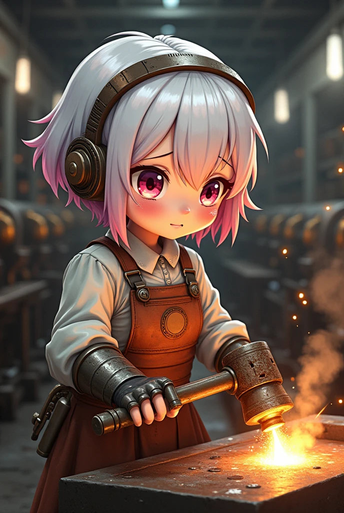 Anime style Illustration,a cute little steampunk girl,extremely detailed steampunk mechanical body,short white hair with pink highlights,dirty steampunk apron,sweating and holding a hammer,forging hot iron on a metal table,sparks flying,old industrial steampunk factory background,many steampunk machine tools lined up,spewing steam,hard working girl,determined expression A wide-angle shot overlooking the factory,highest quality,