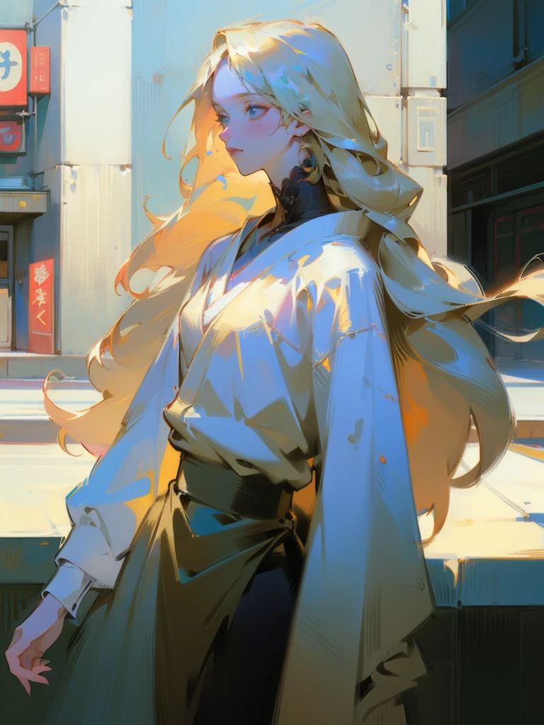Masterpiece, Best Quality, 8K, Photographic Reality, Realistic, Octane Rendering, Bustling Urban Streets of Japan (1 Woman: 1.4), (Only One Woman on the Screen: 1.3), (White Shirt), (Long Golden Hair), (Hip Wrapped Skirt), (Blue Eyes) Upper Body Display