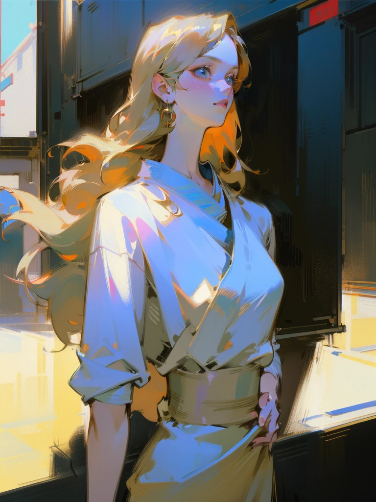 Masterpiece, Best Quality, 8K, Photographic Reality, Realistic, Octane Rendering, Bustling Urban Streets of Japan (1 Woman: 1.4), (Only One Woman on the Screen: 1.3), (White Shirt), (Long Golden Hair), (Hip Wrapped Skirt), (Blue Eyes) Upper Body Display