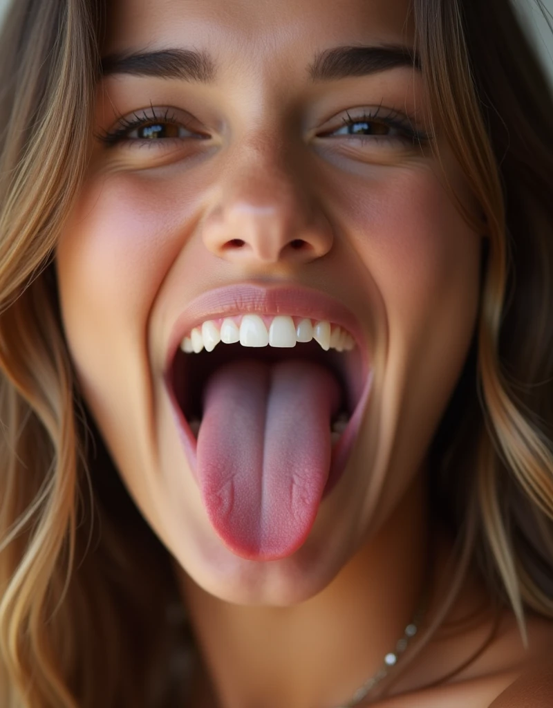 face of 16 year old model Victoria's secret with mouth wide open, long tongue