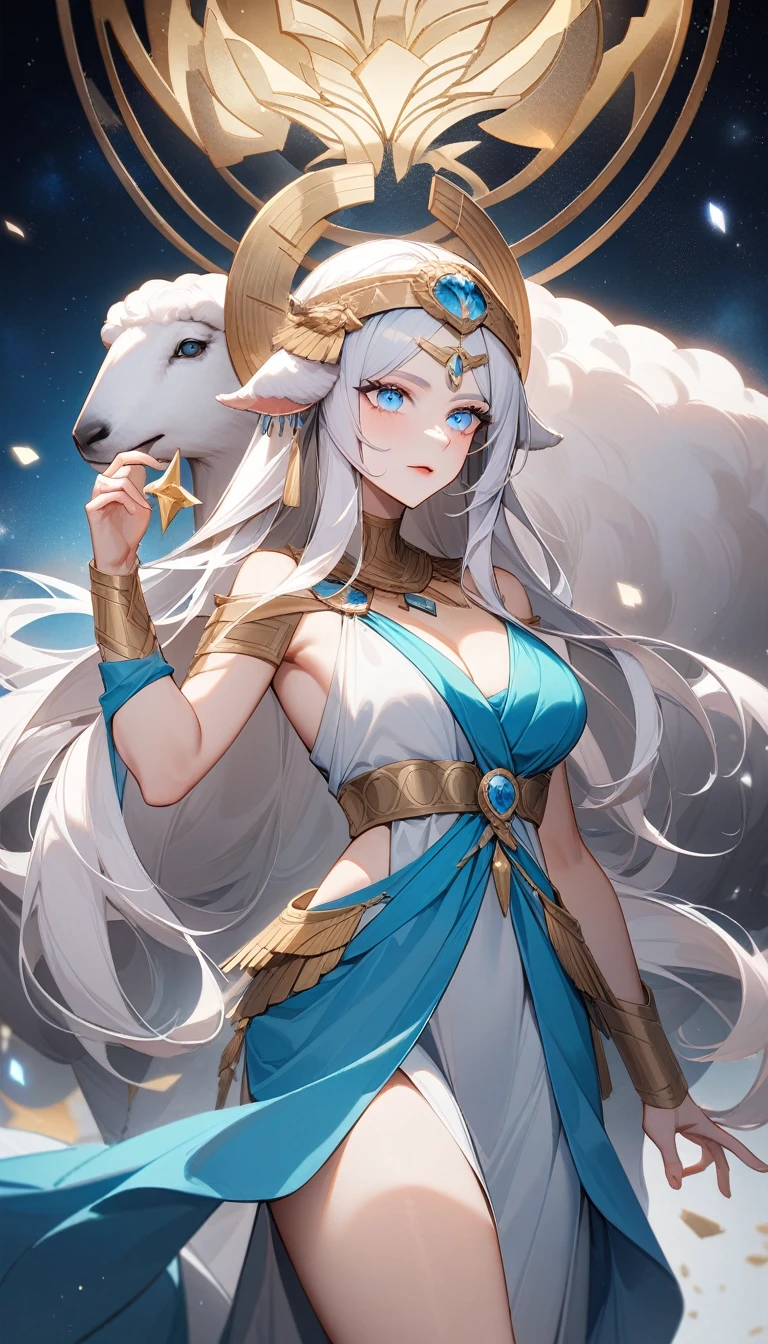 (Huang Li、high quality、Extremely detailed),Zodiac sign- Aries goddess,Giant white sheep,Woman stroking Aries,Similar to Latin goodness,brave,capricious,Productivity,The face of enterprising and humanitarianism,White long hair,Ancient Greek costumes、Wrap Dress,The background is the universe,Crystal blue eyes(Eyes Details),Powerful appearance