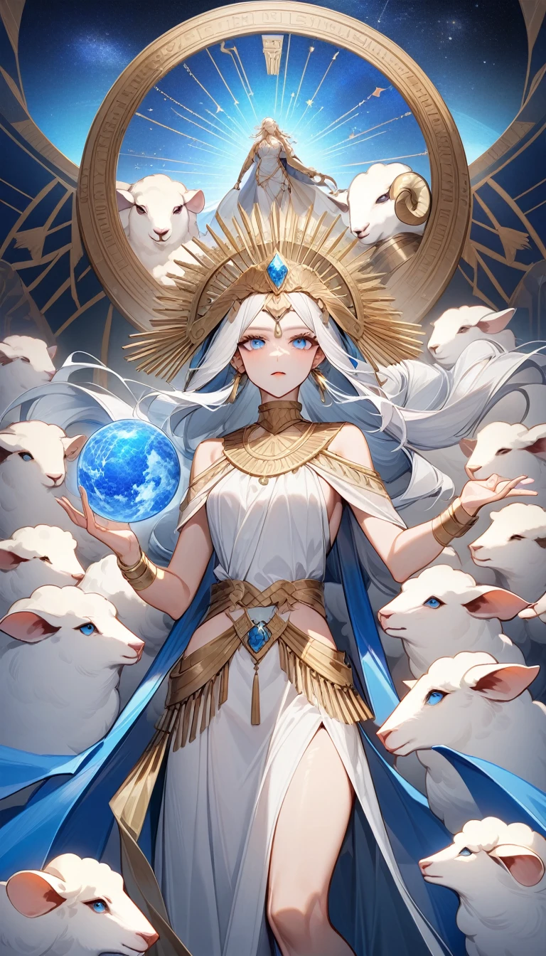 (Huang Li、high quality、Extremely detailed),Zodiac sign- Aries goddess,Giant white sheep,Woman stroking Aries,Similar to Latin goodness,brave,capricious,Productivity,The face of enterprising and humanitarianism,White long hair,Ancient Greek costumes、Wrap Dress,The background is the universe,Crystal blue eyes(Eyes Details),Powerful appearance