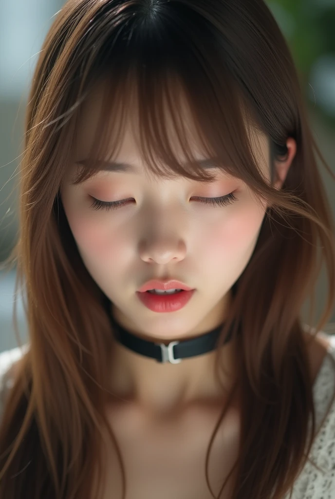 Highest quality, Bright interior,Japanese Idol, Straight Long Hair、bangs、Award-winning photo, Very detailed, Edge Orgasm, Face Focus, (Woman with open mouth and closed eyes ), 18-year-old、Brown hair、 News anchor、Glowing Skin、bedroom, Black choker、Upper body close-up,From below、Realistic nostrils、Browsing Caution,Shortcuts、