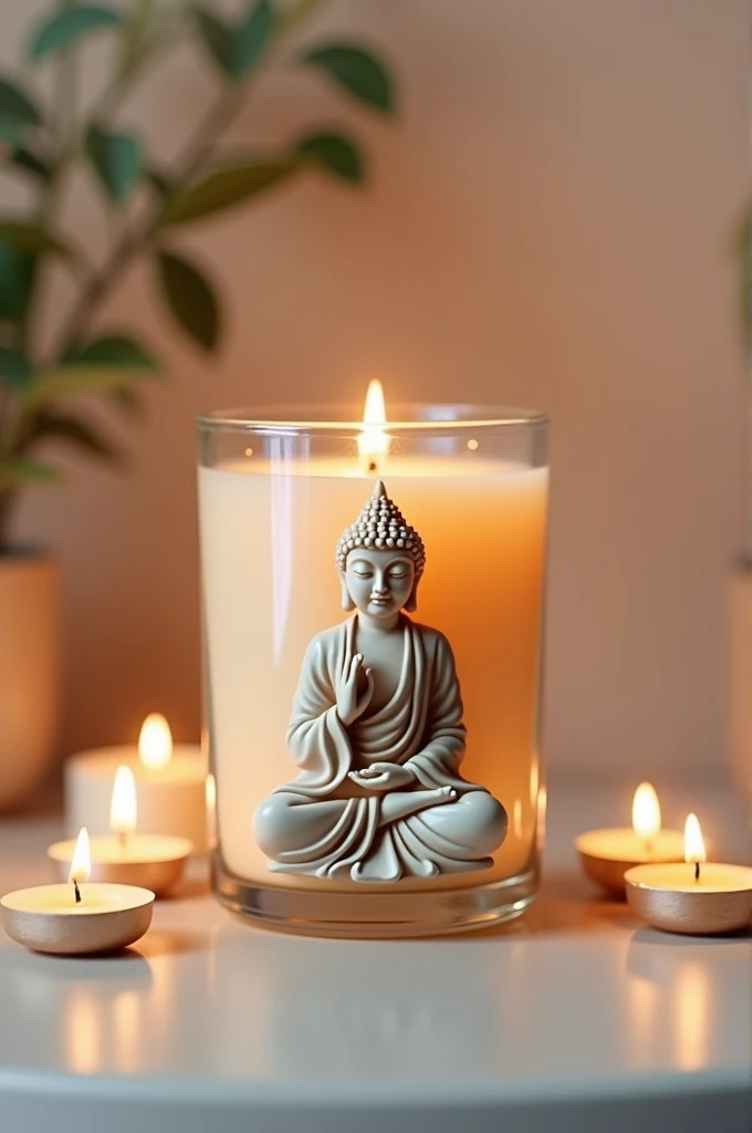 Can you create candle in jar yam about Buddha character have brand and have a logo shop can see Tiny candles that look like offerings