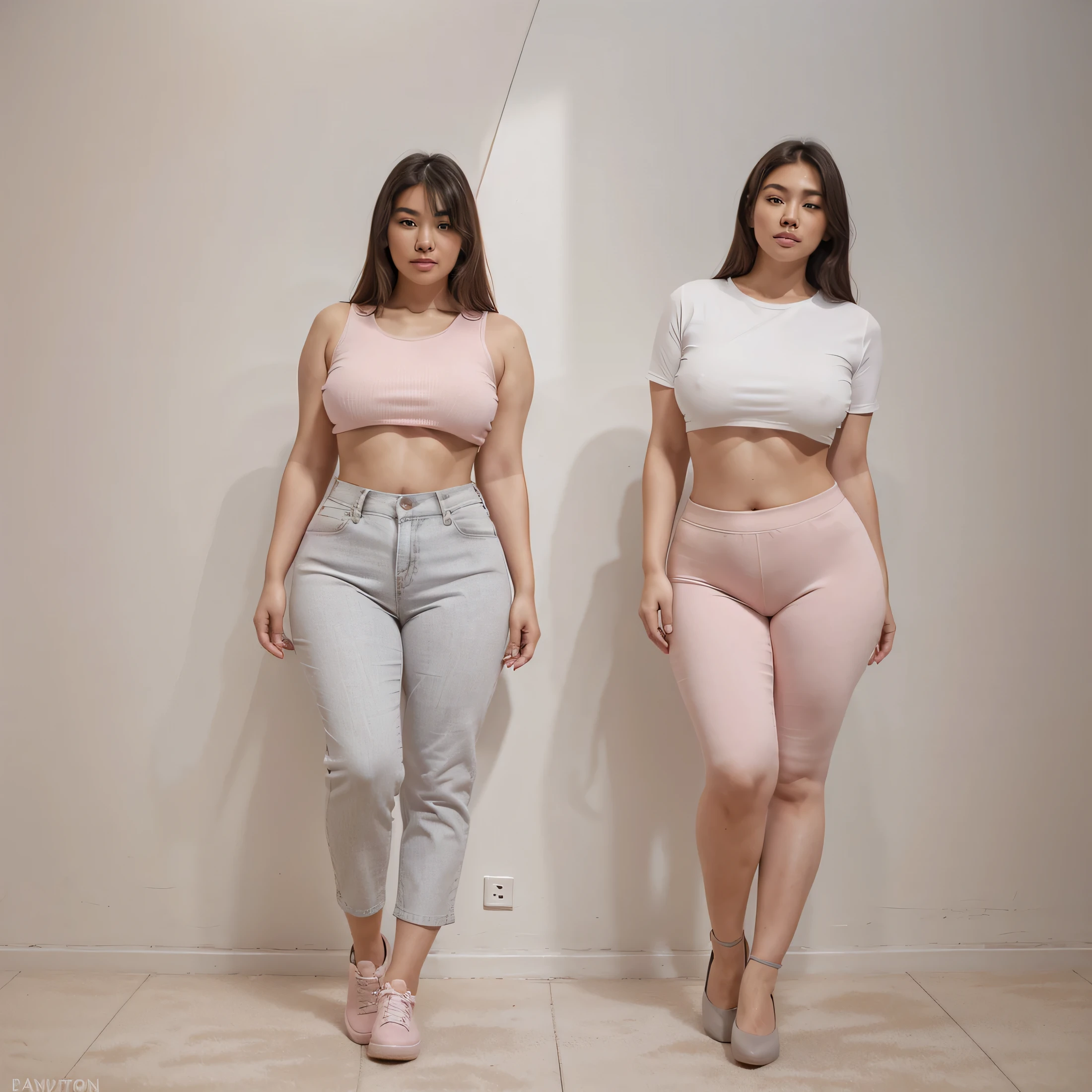 Full body Image captured with a Sony α7 III camera, Asian beautiful woman sexy curvy plus size, eye contact camera view, different style standing position, curvy plus size big hour glass bulky huge figure with wide hips, medium breasts no visible nipples, narrow shoulders, She is wearing a crop top shirt in a pastel pink color, paired with straight cut trousers in grey, standing, She is also wearing tip-toe shoes that match the crop top in pastel pink color. standing straight facing the camera, in a product photography style, against a grey background, with high resolution.