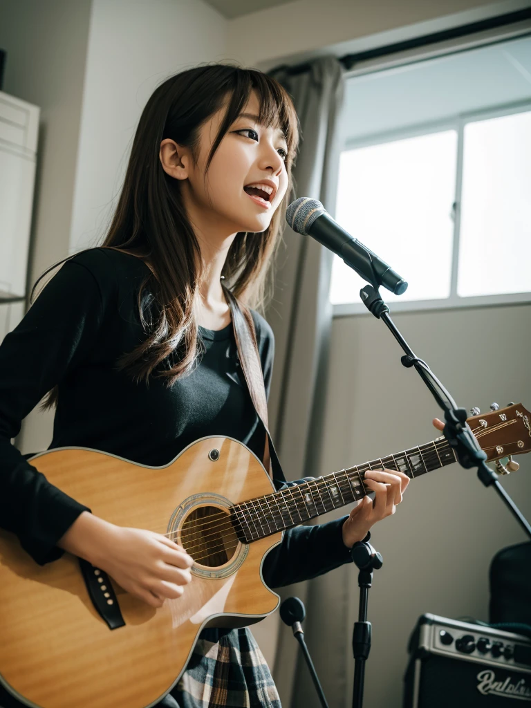 She formed a band,I sing while playing a guitar.。High quality images for realistic high quality。That's colorful hair。