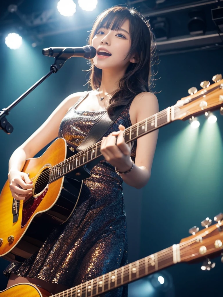 She formed a band,I sing while playing a guitar.。High quality images for realistic high quality。That's colorful hair。
