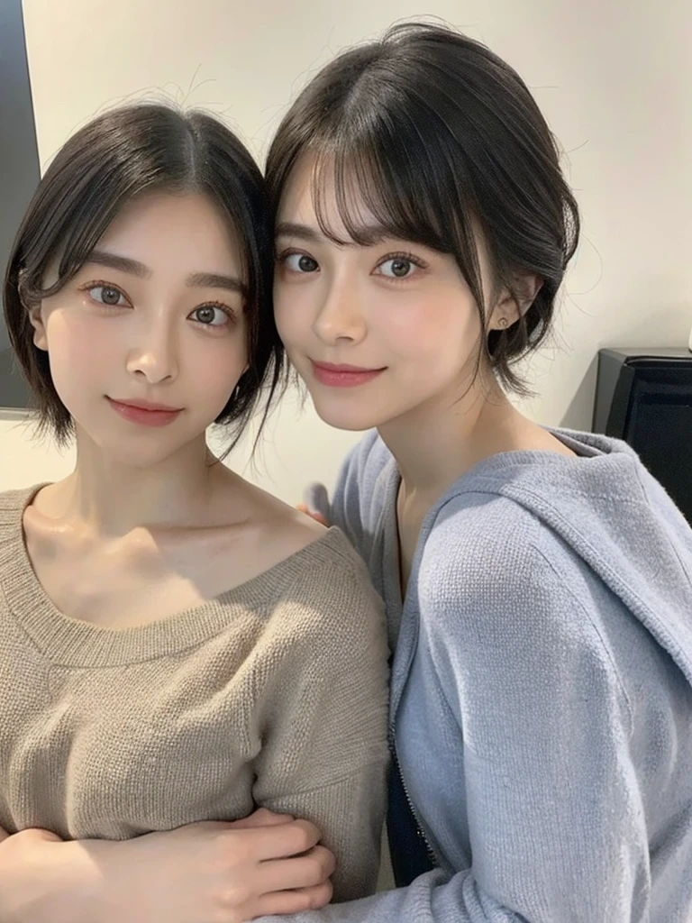 (masterpiece:1.3), (8k, Photoreal, Raw photo, best image quality: 1.4), Japanese high school girl、(random hairstyle:1.2)、cleavage:1.5、super detail face、eye for details、double eyelid、chest to chest、sharp focus:1.2、Beautiful woman:1.4、light brown hair、highest quality、masterpiece、超A high resolution、(Photoreal:1.4)、Highly detailed and professionally lit smiles、loose and light knitwear、shoulder out、thin、serious expression、short haired、deadly position
similar identical twins
All the girls have the exact same face, The two have the same face and figure, as if they were mirror images.