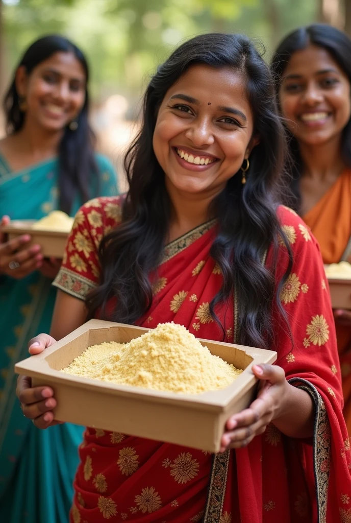 beautiful bengoli women in sharee holding a masal shahe pack with happy face