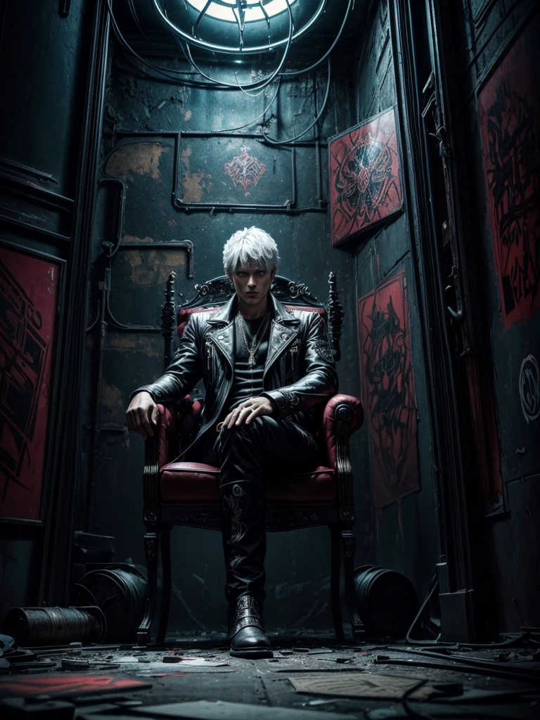 A stunning, high-quality photo featuring a man sitting majestically on a metallic artist's chair, dressed in a devilish outfit reminiscent of the game "Devil May Cry". His pose is confident and dramatic, with a devilish grin on his face. The background is a complex, graffiti-covered wall adorned with intricate "EKO" typography, created using mechanical ornaments. The atmosphere is dark and mysterious, with several neon lights illuminating the scene. The floor is damaged and worn, adding to the overall gritty aesthetic. The image is ultra-high definition, ultra-clear, and exceptionally detailed., photo, typography