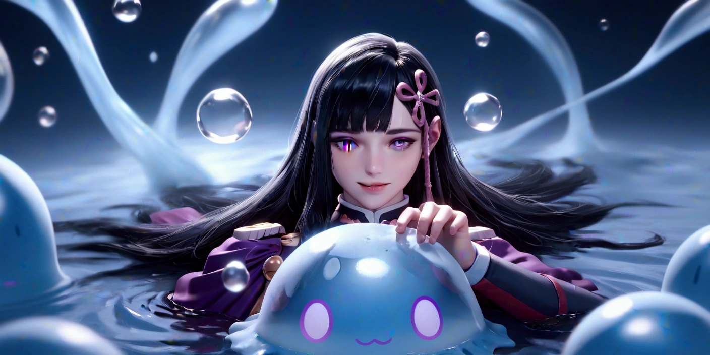 (PersonalAmi art style:0.7), (hero neisan art style:0.7), score_9, score_8_up, score_7_up, score_6_up, uncensored, yamahsiro ren, black hair, long hair, bangs, hair ornament, purple eyes, black lips, BREAK glow effects, godrays, Hand drawn, render, 8k, octane render, cinema 4d, blender, dark, atmospheric 4k ultra detailed, cinematic, Sharp focus, big depth of field, Masterpiece, colors, 4k, concept art, trending on artstation, Vivid colors, extremely detailed CG unity 8k wallpaper, trending on CGSociety, Intricate, High Detail, dramatic BREAK, 1girl, looking at viewer, smile, bubble, holding, solo, jellyfish, upper body, parted lips, water, water drop, slime \(creature\)