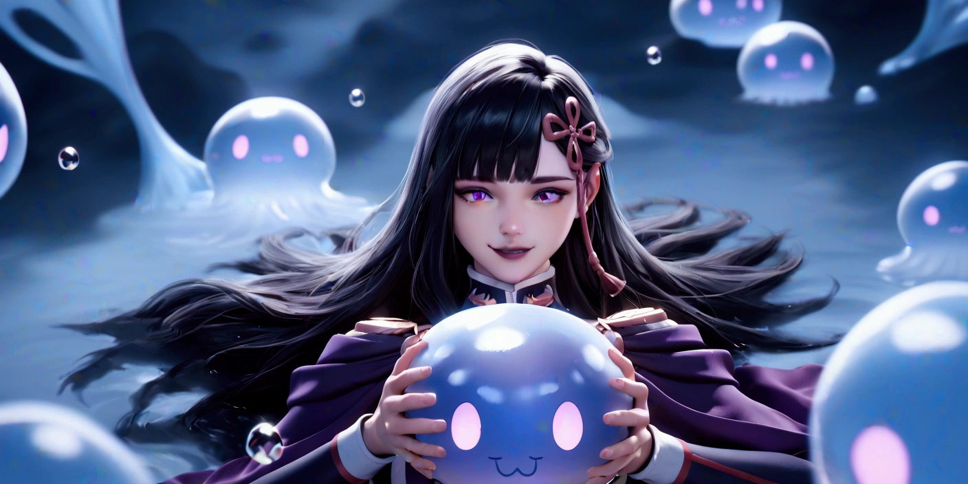 (PersonalAmi art style:0.7), (hero neisan art style:0.7), score_9, score_8_up, score_7_up, score_6_up, uncensored, yamahsiro ren, black hair, long hair, bangs, hair ornament, purple eyes, black lips, BREAK glow effects, godrays, Hand drawn, render, 8k, octane render, cinema 4d, blender, dark, atmospheric 4k ultra detailed, cinematic, Sharp focus, big depth of field, Masterpiece, colors, 4k, concept art, trending on artstation, Vivid colors, extremely detailed CG unity 8k wallpaper, trending on CGSociety, Intricate, High Detail, dramatic BREAK, 1girl, looking at viewer, smile, bubble, holding, solo, jellyfish, upper body, parted lips, water, water drop, slime \(creature\)