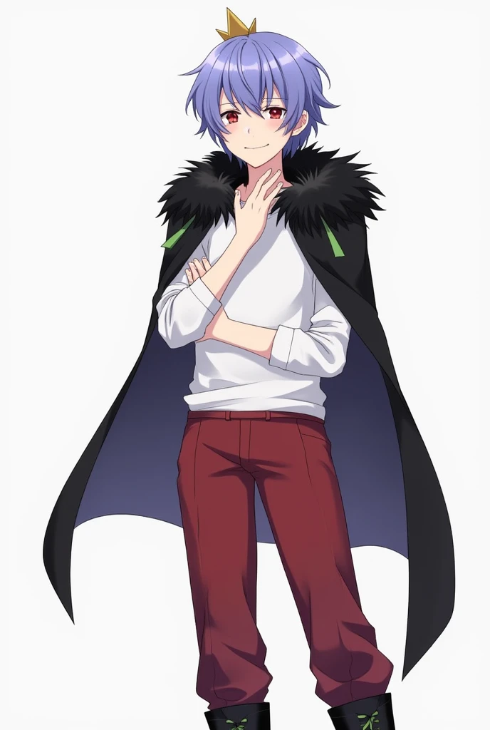 High school student male、smile、A small, plain golden crown is worn on the upper left side of the head.、Blue-purple short hair(Sideburns、bangs)、Black fur on shoulders、One black cloak、The cape is worn without the sleeves in place、Both eyes are red、A plain white t-shirt with elbow-length sleeves、Red long sleeve trousers、black long boots(Green shoelaces)