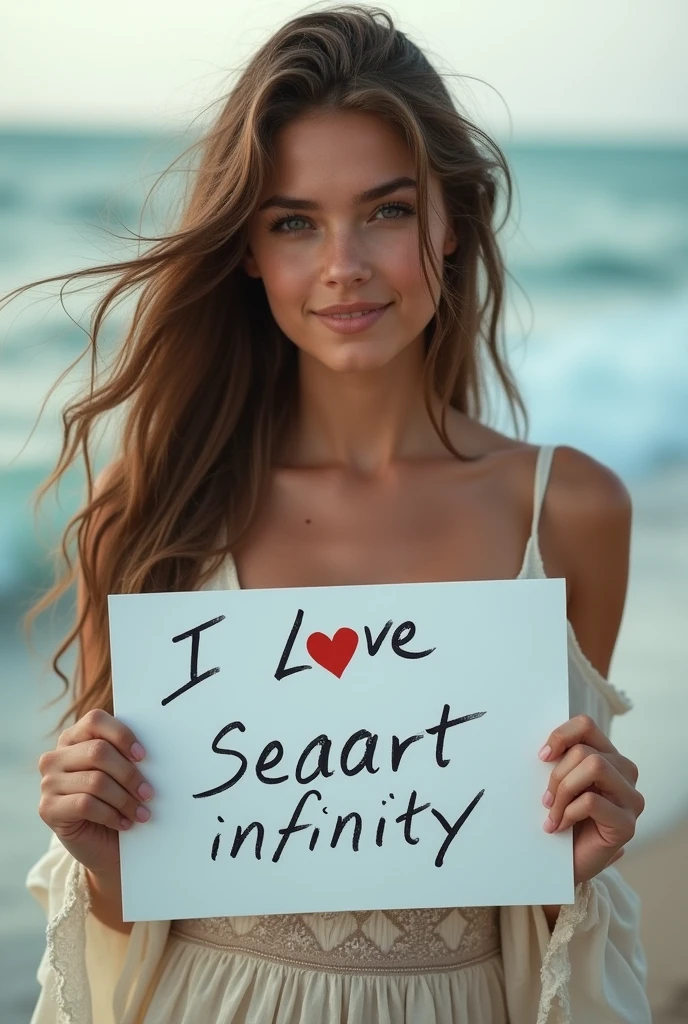 Beautiful girl with wavy long hair, bohemian dress, holding a white board with text "I Love Seaart Infinity" and showing it to the viewer