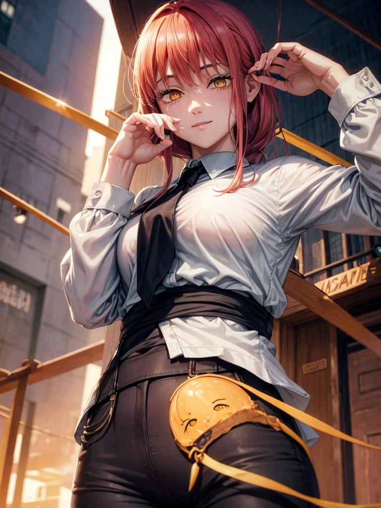 8k, raw photo, masterpiece, extremely detailed, best quality, professional lighting, high res, beautiful and adorable girl, sfw, BREAK makima, yellow eyes, spiral in eyes, lower eyelashes, dark circles under the eyes, relaxed smile, emotionless, cold smile, mysterious girl, BREAK (long black tie, white shirt, black pants), (looking down viewer, from below, close up model), sunset, dark clouds, outdoor, on street, ชุดรัดรูป, โชว์กางเกงใน, กางเกงในสีขาว, camel toe,