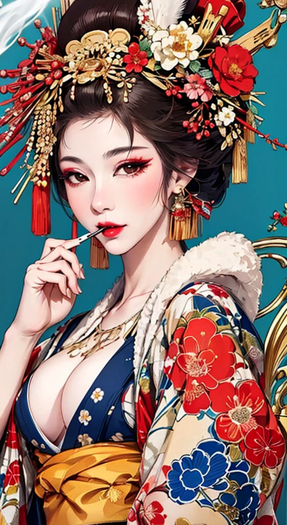 {{{{masterpiece}}}}, {{{Super detailed}}}, {{{High resolution}}}, {{Excellent anatomy}}, (((highest quality))), ((Very delicate and beautiful)), {{Very detailed and delicate}}, {8k CG wallpaper}, {{figure}}, Hairpin:1.4, (One woman),Oiran,,A seductive gaze、Smoking a cigarette