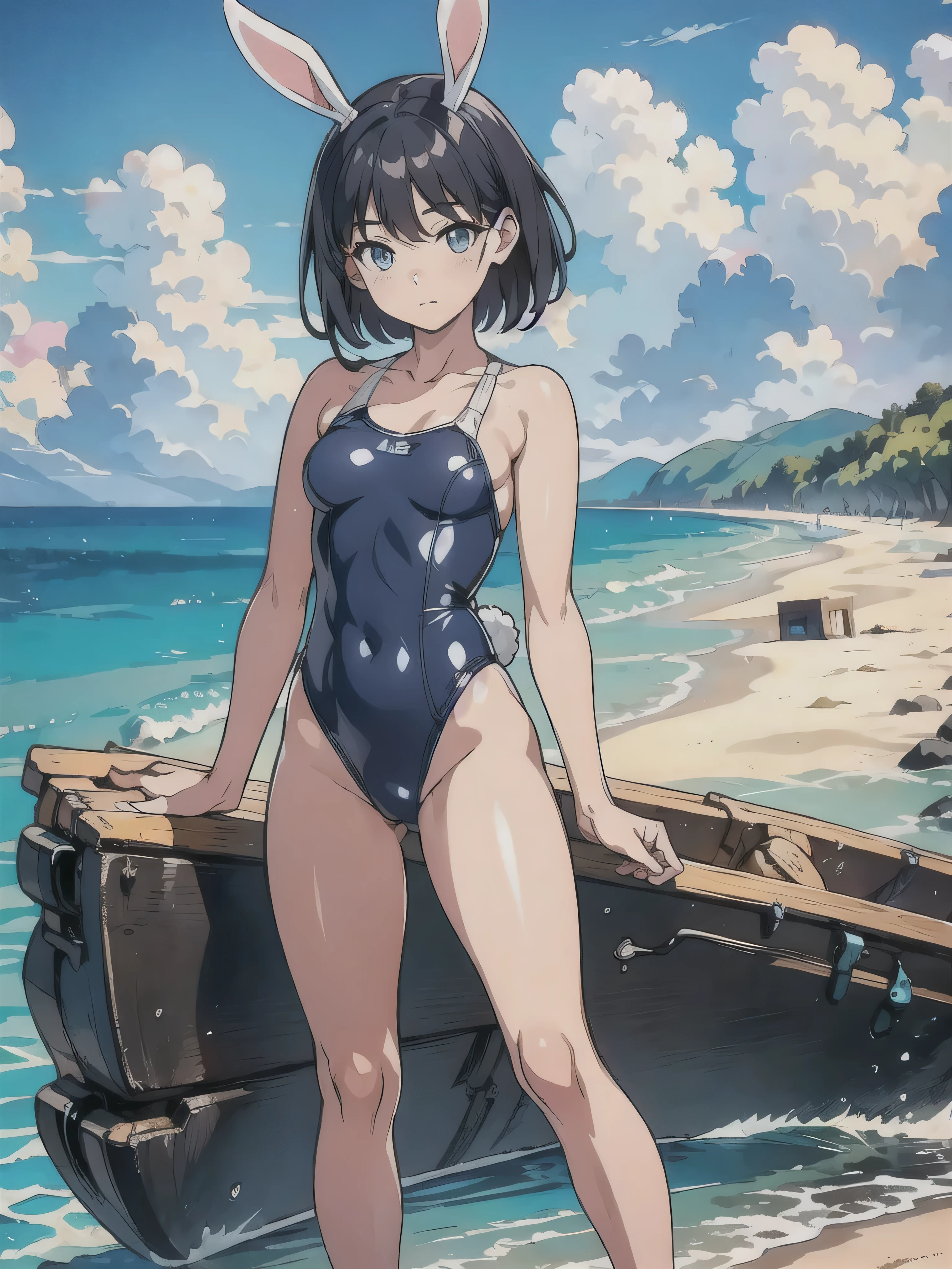 A woman with rabbit ears and a closed swimsuit is posing for a photo, Photorealistic perfect body,Good young girl, Small breasts、solo、fine!、Beach