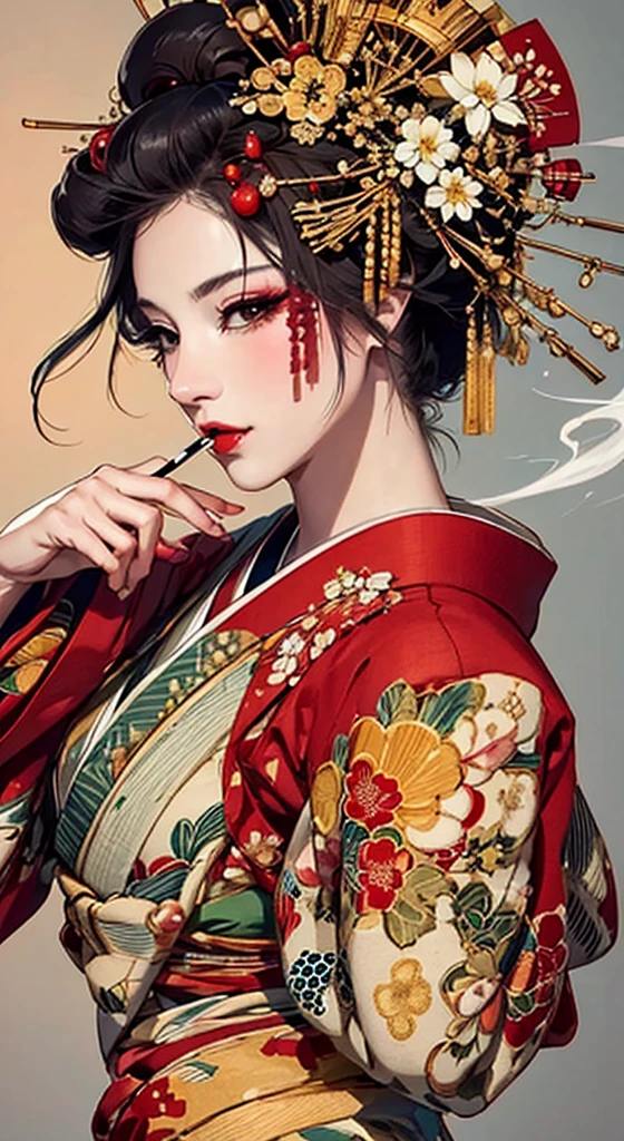 {{{{masterpiece}}}}, {{{Super detailed}}}, {{{High resolution}}}, {{Excellent anatomy}}, (((highest quality))), ((Very delicate and beautiful)), {{Very detailed and delicate}}, {8k CG wallpaper}, {{figure}}, Hairpin:1.4, (One woman),Oiran,,A seductive gaze、Smoking a cigarette