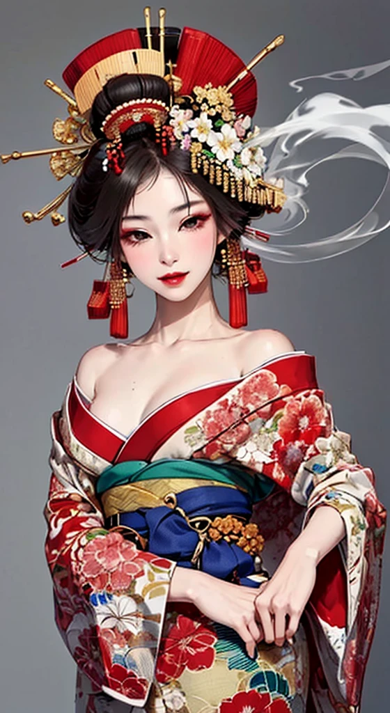 {{{{masterpiece}}}}, {{{Super detailed}}}, {{{High resolution}}}, {{Excellent anatomy}}, (((highest quality))), ((Very delicate and beautiful)), {{Very detailed and delicate}}, {8k CG wallpaper}, {{figure}},  Hairpin:1.4,   (One woman),Oiran,,A seductive gaze、Smoking a cigarette