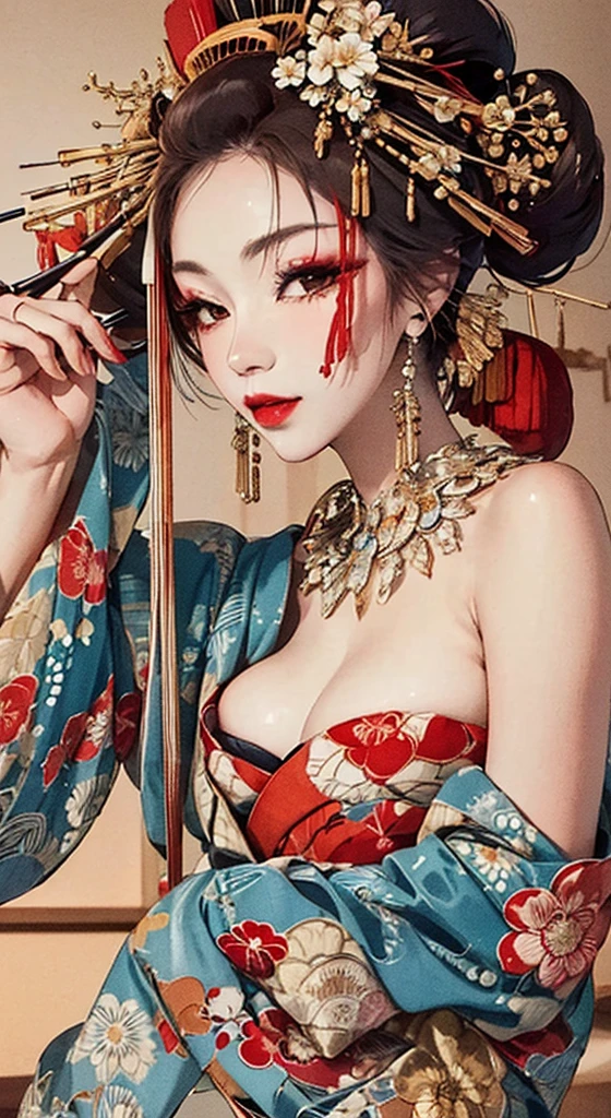 {{{{masterpiece}}}}, {{{Super detailed}}}, {{{High resolution}}}, {{Excellent anatomy}}, (((highest quality))), ((Very delicate and beautiful)), {{Very detailed and delicate}}, {8k CG wallpaper}, {{figure}}, Hairpin:1.4, (One woman),Oiran,,A seductive gaze、Smoking a cigarette