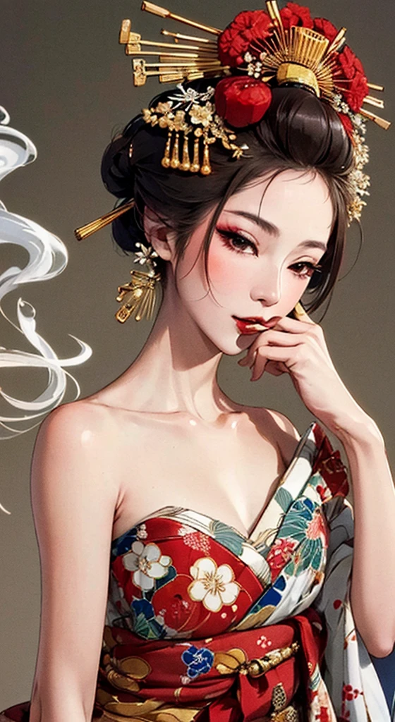 {{{{masterpiece}}}}, {{{Super detailed}}}, {{{High resolution}}}, {{Excellent anatomy}}, (((highest quality))), ((Very delicate and beautiful)), {{Very detailed and delicate}}, {8k CG wallpaper}, {{figure}}, Hairpin:1.4, (One woman),Oiran,,A seductive gaze、Smoking a cigarette