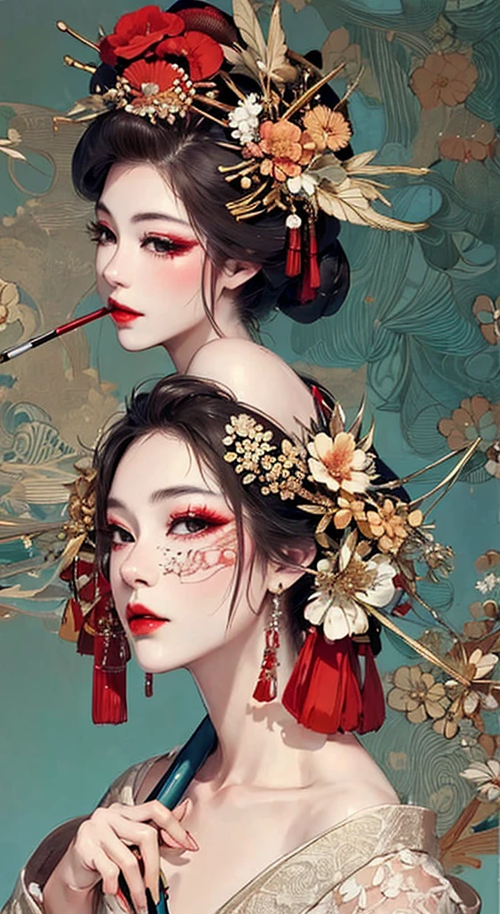 {{{{masterpiece}}}}, {{{Super detailed}}}, {{{High resolution}}}, {{Excellent anatomy}}, (((highest quality))), ((Very delicate and beautiful)), {{Very detailed and delicate}}, {8k CG wallpaper}, {{figure}}, Hairpin:1.4, (One woman),Oiran,,A seductive gaze、Smoking a cigarette