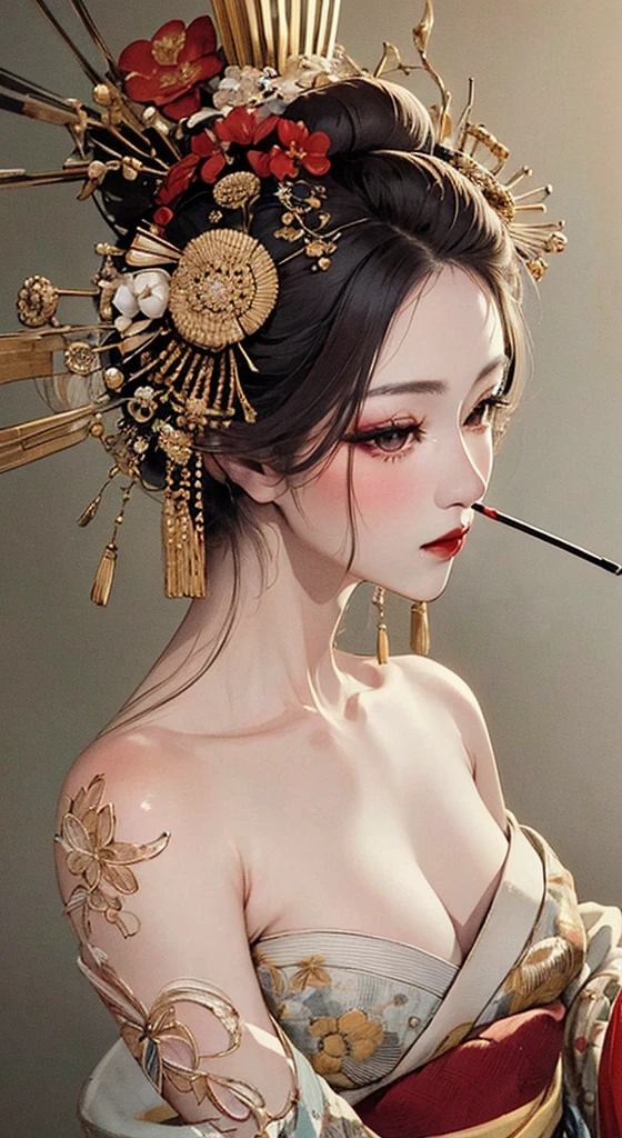 {{{{masterpiece}}}}, {{{Super detailed}}}, {{{High resolution}}}, {{Excellent anatomy}}, (((highest quality))), ((Very delicate and beautiful)), {{Very detailed and delicate}}, {8k CG wallpaper}, {{figure}}, Hairpin:1.4, (One woman),Oiran,,A seductive gaze、Smoking a cigarette