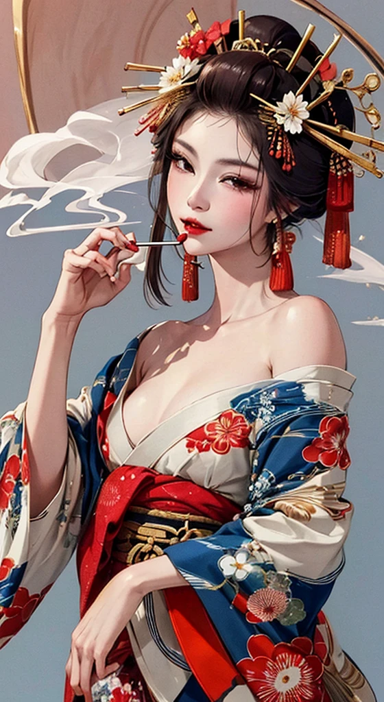 {{{{masterpiece}}}}, {{{Super detailed}}}, {{{High resolution}}}, {{Excellent anatomy}}, (((highest quality))), ((Very delicate and beautiful)), {{Very detailed and delicate}}, {8k CG wallpaper}, {{figure}}, Hairpin:1.4, (One woman),Oiran,,A seductive gaze、Smoking a cigarette