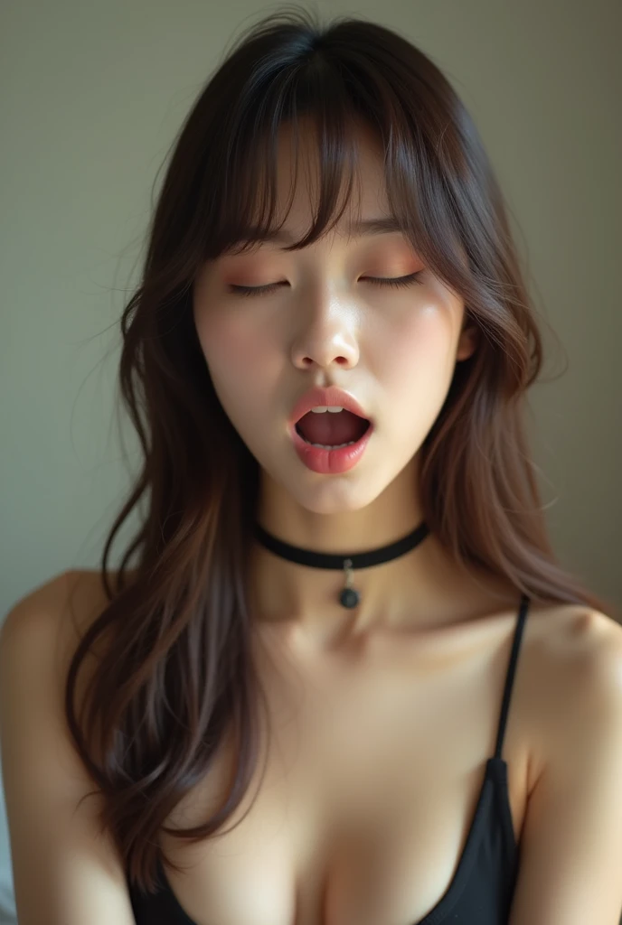 Highest quality, Bright interior,Japanese Idol, Straight Long Hair、bangs、Award-winning photo, Very detailed, Edge Orgasm, Face Focus, (Woman with open mouth and closed eyes ), 18-year-old、Brown hair、 News anchor、Glowing Skin、bedroom, Black choker、Upper body close-up,From below、Realistic nostrils、Browsing Caution,Shortcuts、Big Breasts