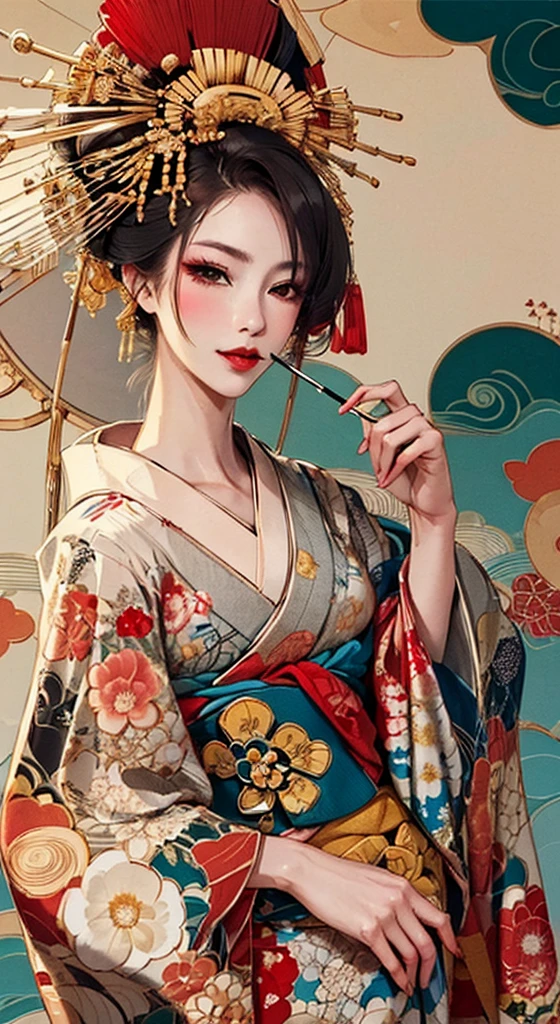 {{{{masterpiece}}}}, {{{Super detailed}}}, {{{High resolution}}}, {{Excellent anatomy}}, (((highest quality))), ((Very delicate and beautiful)), {{Very detailed and delicate}}, {8k CG wallpaper}, {{figure}}, Hairpin:1.4, (One woman),Oiran,,A seductive gaze、Smoking a cigarette