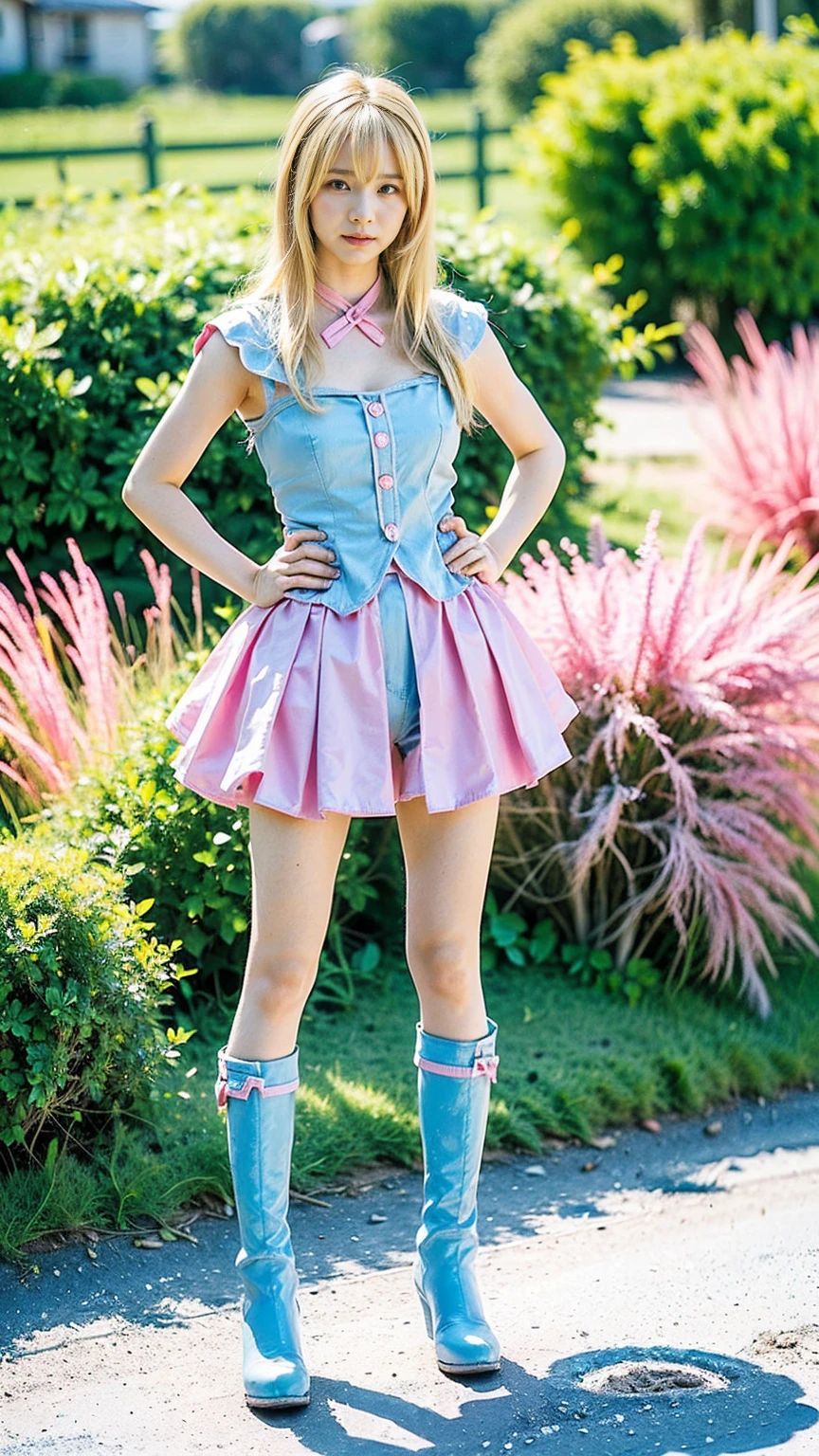 (8k、RAW Photos、Highest quality、masterpiece:1.2)、(Realistic、Realistic)、1 girl、((Blonde、Pink and light blue、Breast enlargement、ribbon、garden、Thin legs、whole body、boots、View from the front、Looking into the camera、Stand with hands on hips))、cute