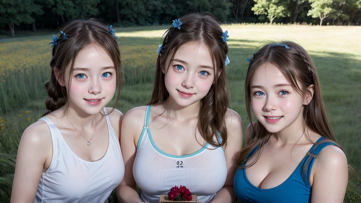 (3 girls), young faceอินโดนีเซีย, smile, white skin, Round breast, blue eyes,Heart braid, random color tank top, masterpiece, Highest quality, 8ก, beautiful girl, young face、 photography, Cute face, thigh,In the summer meadow,、รอยsmile、(((((())))))、small waist,blue eyes(((big breasts:1.0)))