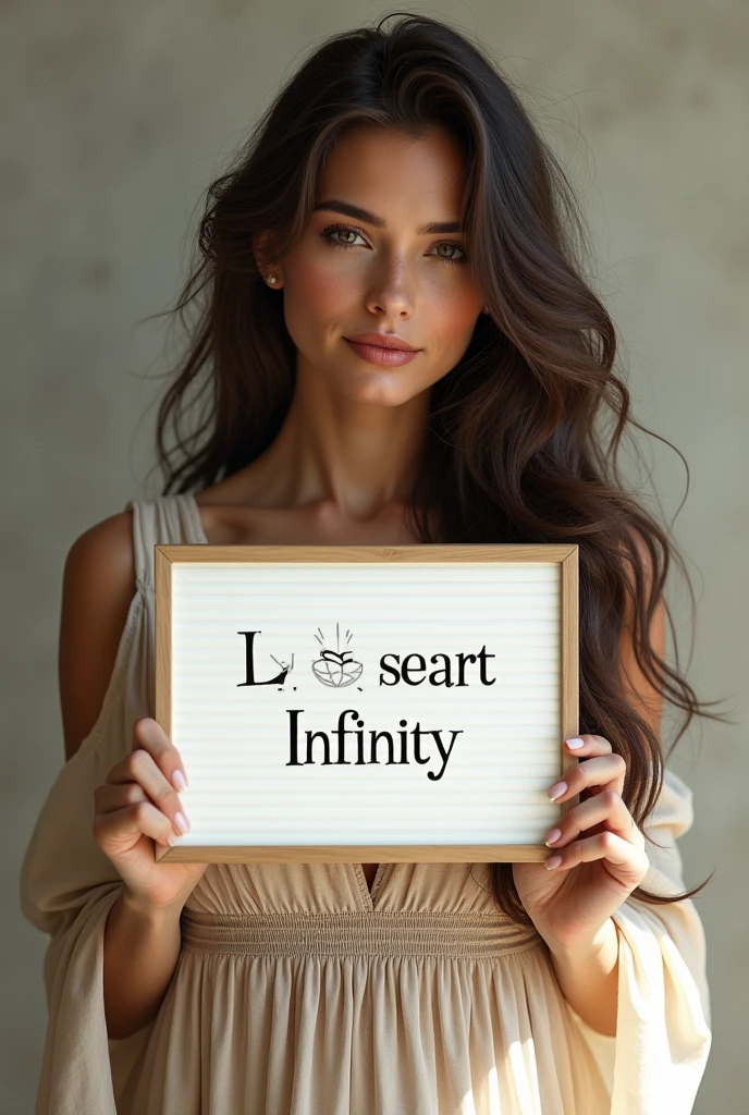 Beautiful girl with wavy long hair, bohemian dress, holding a white board with text "I Love Seaart Infinity" and showing it to the viewer