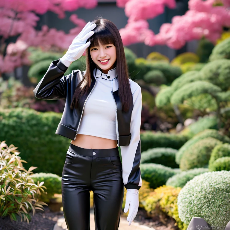 Asian Girls, Black Satin Pants, Satin Jacket with Shirt, Long Hair with bangs, Zen Garden, with leather Gloves, Asian, Smile, Friendly, Happy, Full Body 4k.