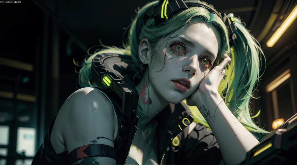 Rebecca from cyberpunk, yellow neon lights, green hair, The artwork is rendered in an edgy and realistic style, with high attention to detail and sharp focus. The colors are vivid and contrasted, with a slight desaturation to create a moody atmosphere. shadowy highlights enhancing the overall composition. The medium used is a digital illustration, with a touch of photo-realistic elements to add depth and texture to the image. The final result is a masterpiece in ultra-high resolution,