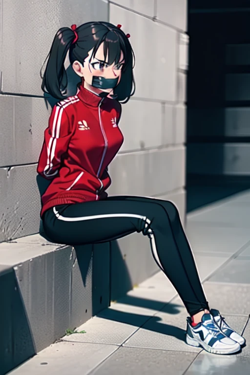 ((1 girl)), ((twin tails)), (sexy),  ((simple_background)), ((concrete floor, concrete wall)), ((underground room)), ((arms behind back)), ((scowl)), ((sitting on the knees)), ((tape gag)),  ((helpless)), ((calm)), ((struggling)), (blue tracksuit,tracksuit,tights pants, long black pants)