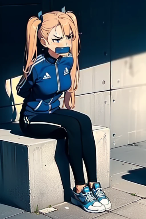 ((1 girl)), ((twin tails)), (sexy),  ((simple_background)), ((concrete floor, concrete wall)), ((underground room)), ((arms behind back)), ((scowl)), ((sitting on the knees)), ((tape gag)),  ((helpless)), ((calm)), ((struggling)), (blue tracksuit,tracksuit,tights pants, long black pants)