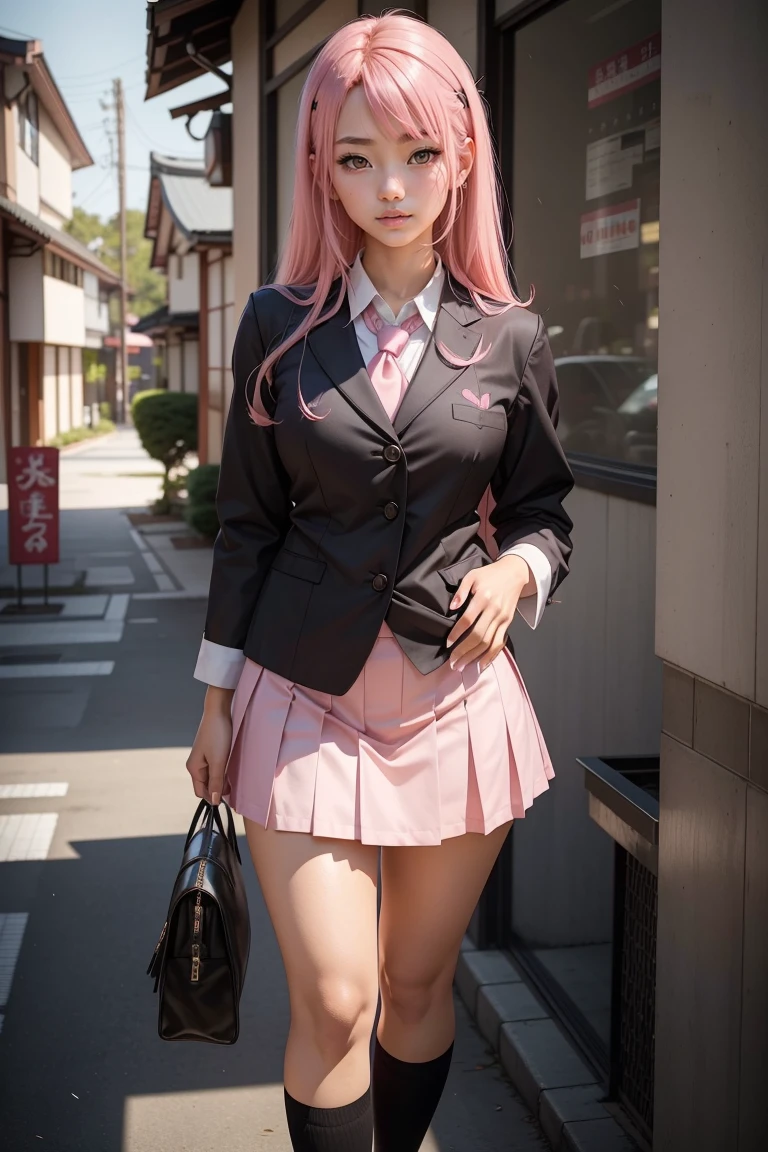 full body shot of sexy 19-year old Japanese girl , (school uniform), pink hair, (calm look), stunning, black hair, fancy haircut, (free hands:1.3), (strong pose),