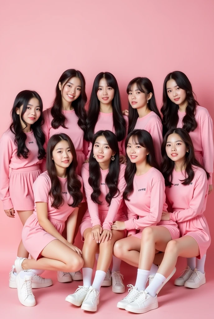 An image of the 9 members of the K-pop group Twice founded by JYP Entertainment wearing pink clothing 