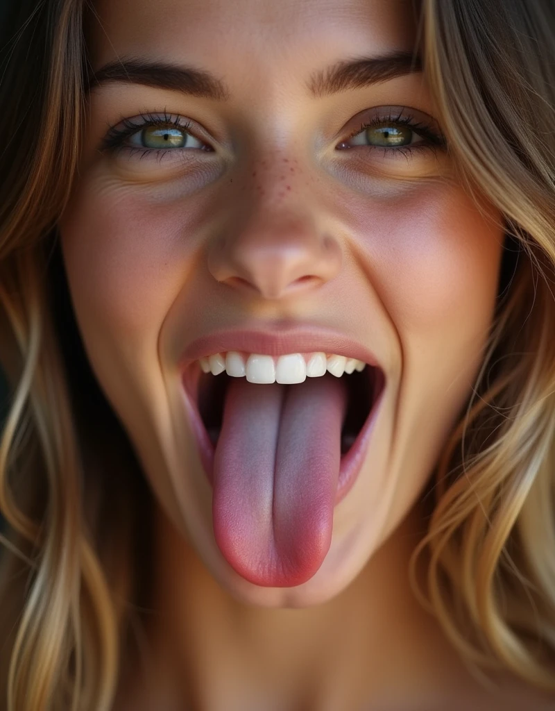 face of 16 year old model Victoria's secret with mouth wide open, long tongue, realism