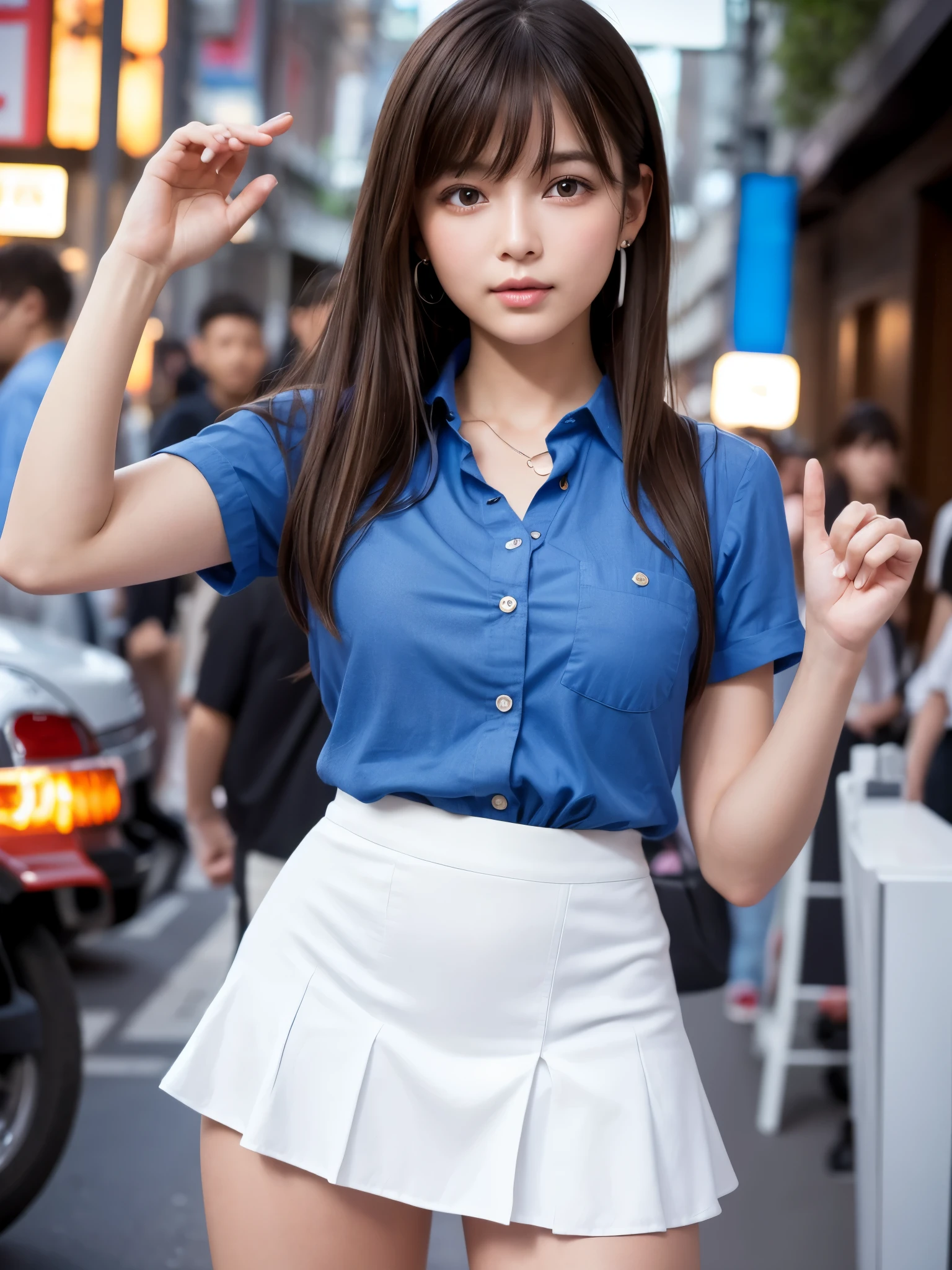 Product quality,1 girl,Cowboy Shot,Front view,(Thigh Emphasis:1.6),Young and sexy Japanese girl,20-year-old,Harajuku,(Crowded street:1.4),Snazzy,((Blue Shirt:1.5)),wear,(Snazzyバッグ:1.3),Fashionable necklaces,Stylish earrings,((White Ultra Short Micro Mini Skirt:1.5)),wear,((Small Head,face:0.4))とてもかわいいface,赤ちゃんのface,Glossy Lips,Double eyelids on both eyes,(Natural Makeup),Small and cute nose,shiny smooth light brown long hair,,,,,Asymmetrical bangs,Center image,8k resolution,Attention to detail,Detailed hairstyle,詳細なface,Cinema Lighting,Octane Rendering,Ultra-realistic,Perfect limbs,(Detailed fingers:1.5),Beautiful legs,Voluptuous thighs,Huge breasts,Perfect Anatomy,(Model sexy pose:1.5)