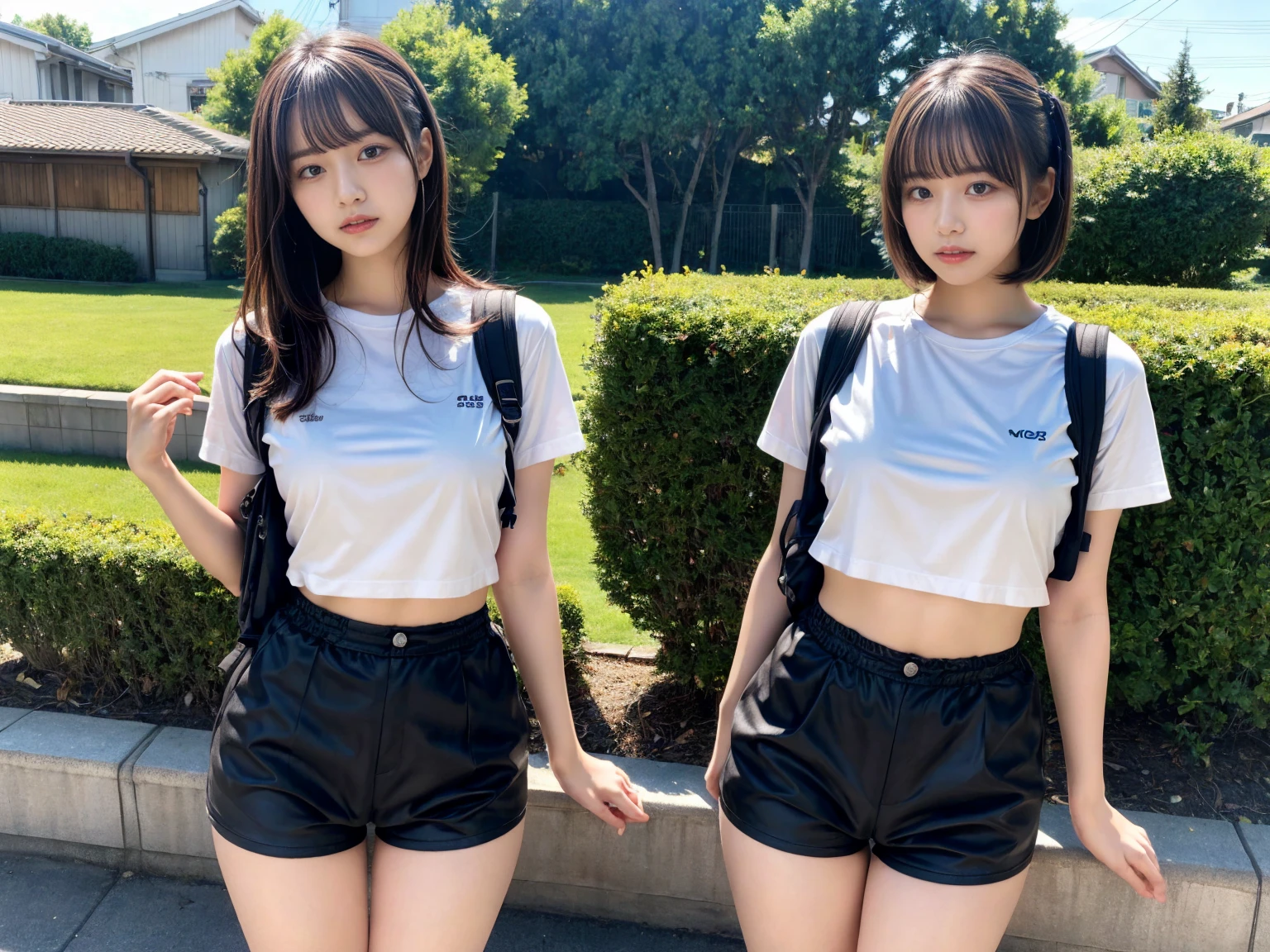 masterpiece, best quality, illustration, Super detailed, fine details, High resolution, 8K,wall paper, perfect dynamic composition,(Details High quality, realistic depiction of eyes:1.3), (2 girls), oversized sport shirt, shorts women, small backpack, short bob hair, black hair color, Big Natural Color Lip, sexy pose, crying a little、Harajuku style、20 year old girl、cute type、****ta, hposing Gravure Idol, full body photo、focus on crotch, huge breasts