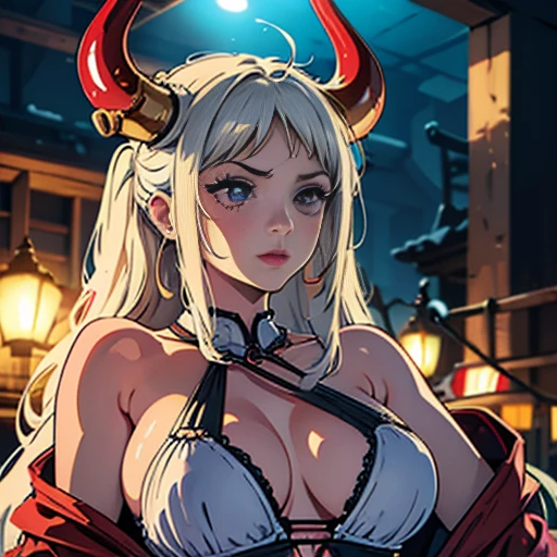 text, Highest quality, masterpiece, 4K, Absurd resolution, Ultra-high resolution, 8k, Actual, Realistic, Bright colors, Bokeh, Vibrant color palette, Great studio lighting, Very detailed, Detailed eyes, Detailed skin, Detailed Hair, Detailed face, Detailed fabric, BREAK, yamatov2(one piece), sexy Pose, Perfect body skinny, Fine and beautiful eyes, Beautiful Lips, Highly detailed face, Long eyelashes, sexy, horn(Wrapping , Left and right pair, multicolo Red), large breasts , Cleavage, Slim waist,, Confused expression, torn old clothes, Loincloth, Hands in chains, Very detailed, Bright colors, ,The clothes are see-through , full-body, dynamic angle, (background is Red light district )